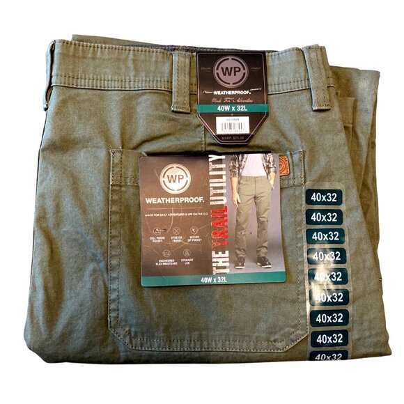 Weatherproof Mens Trail Utility Pants 40W X 32L Green Straight Leg Flex Waistban - Picture 1 of 5